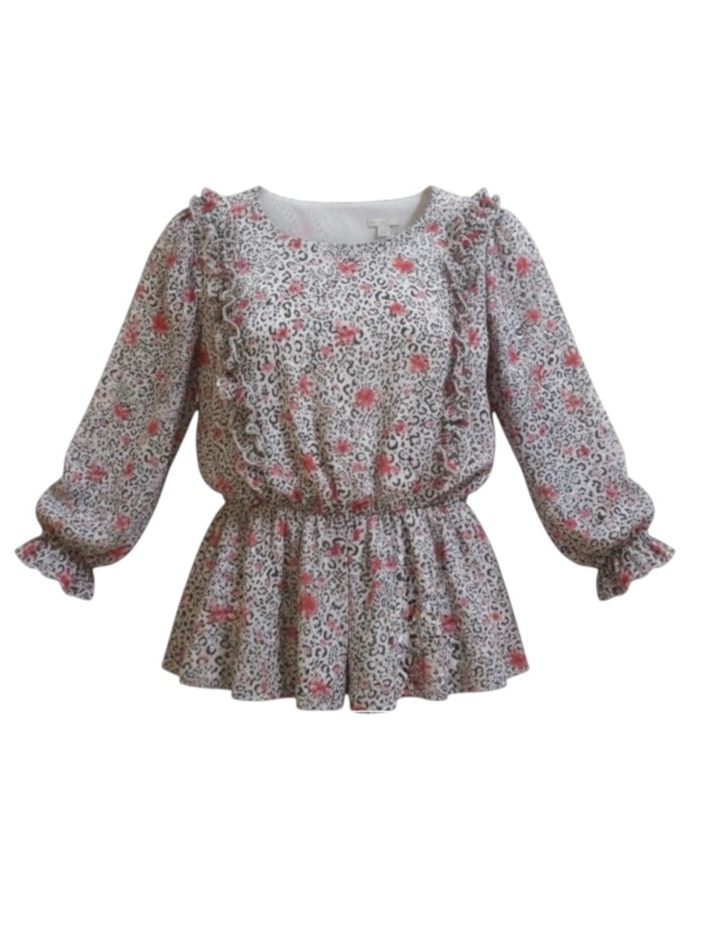 Floral Leopard Print Blouse Ruffle Details White Black Pink Size 14/16W